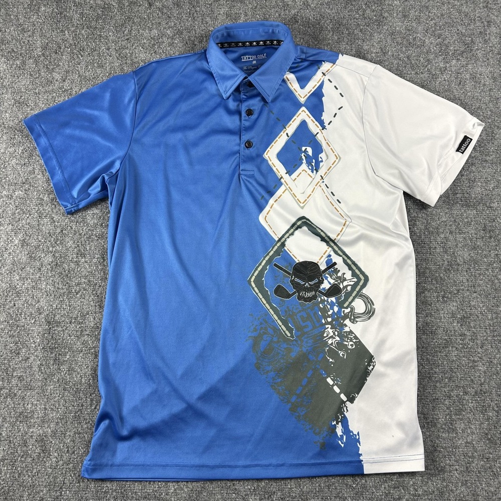 Tattoo Golf Polo Shirt Mens Medium‎ Blue White Players Edition Skull Graphic